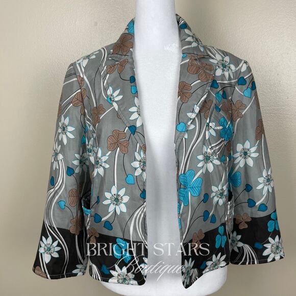 Rare Floral Silk Jacket ASO Phoebe Halliwell Charmed Gray Blue Flower Medium - Picture 5 of 11